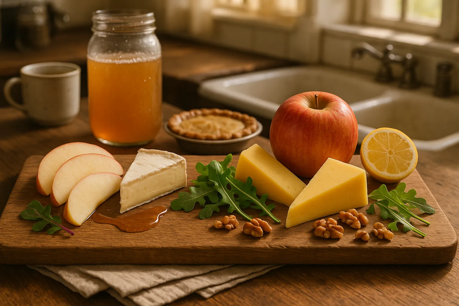 Gala slices and Kidd’s Orange Red with cheeses, salad ingredients, and pie.