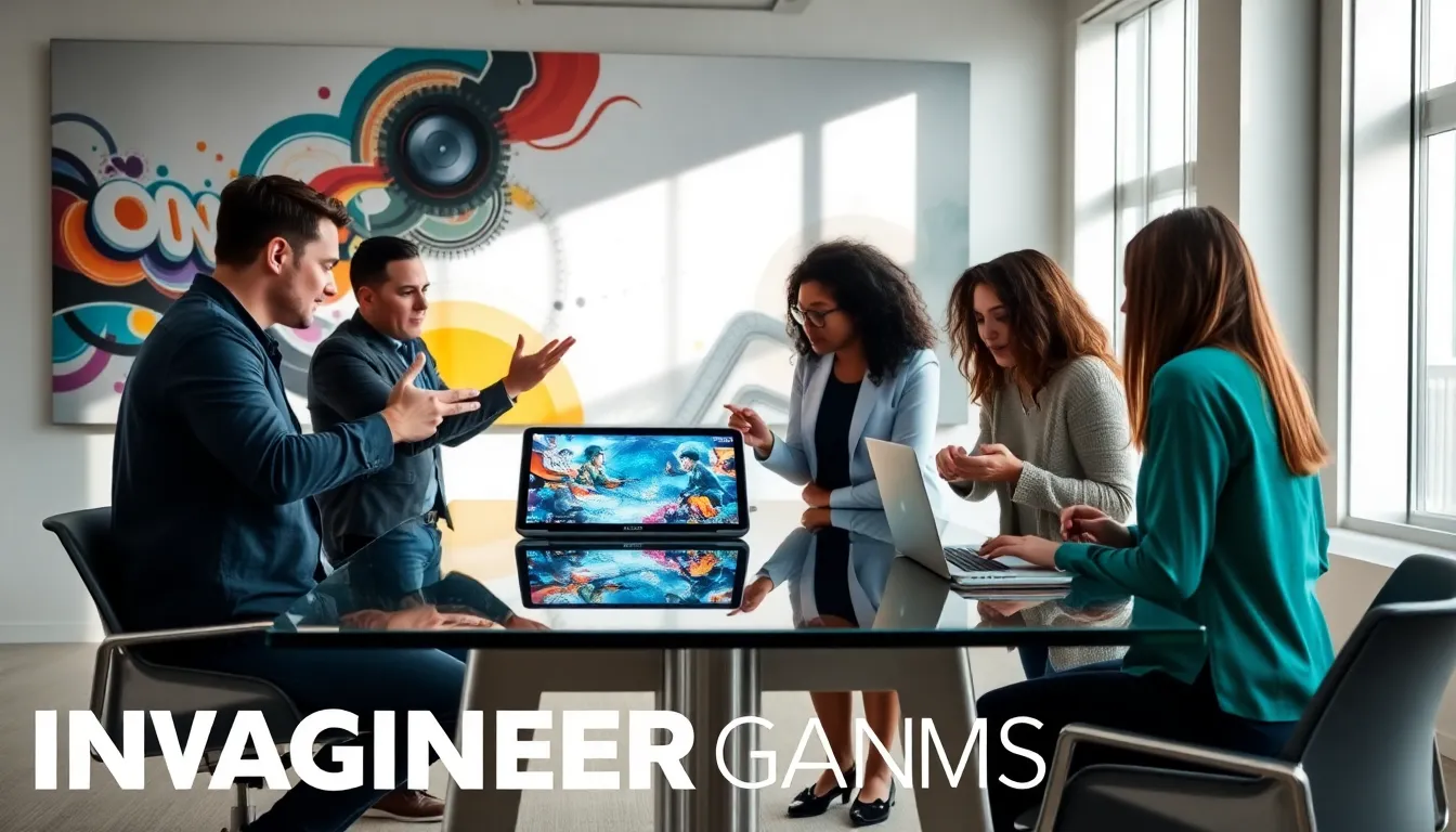 diverse team collaborating in a modern gaming design workspace.