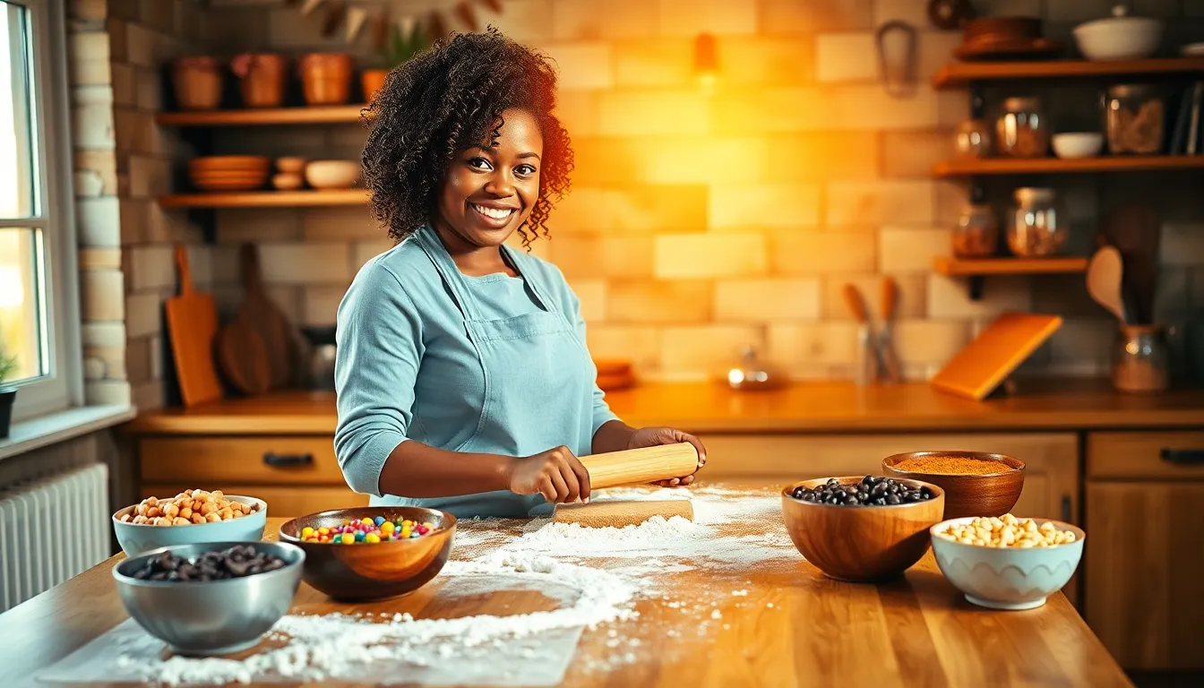 A baker crafting cookies in a warm, inviting kitchen.
