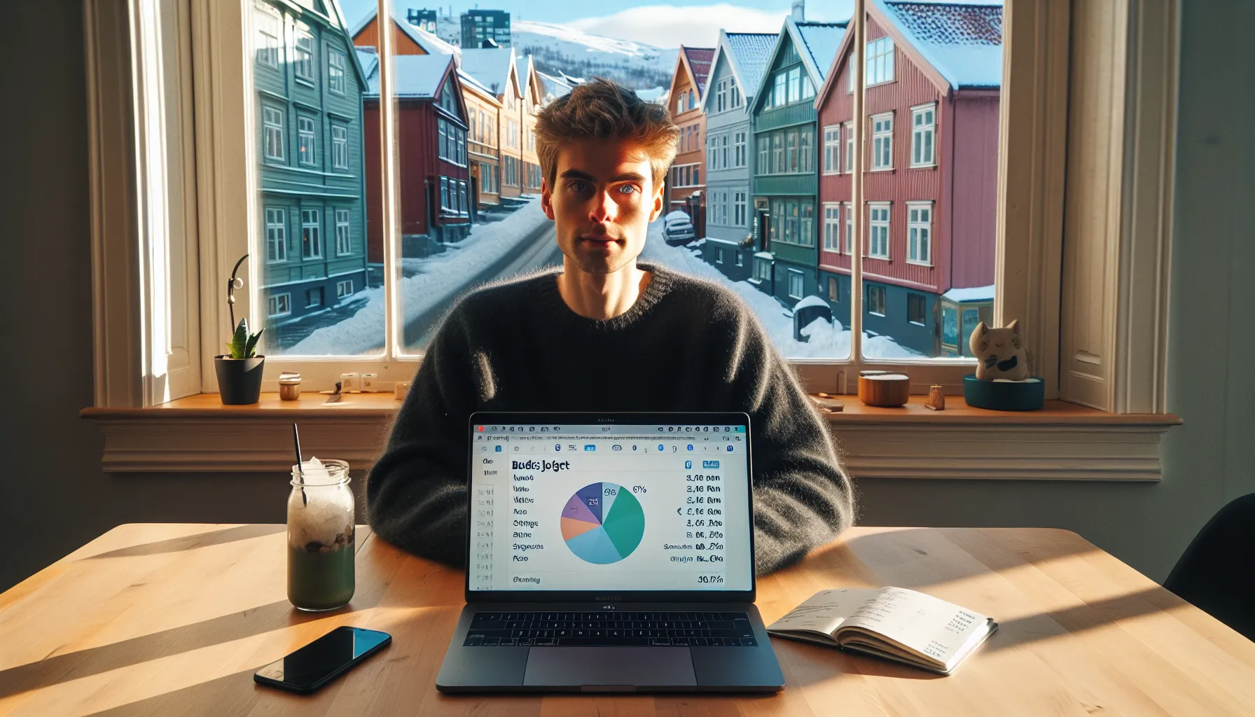 Norwegian adult tracking budget with 50/30/20 chart and automated transfers.