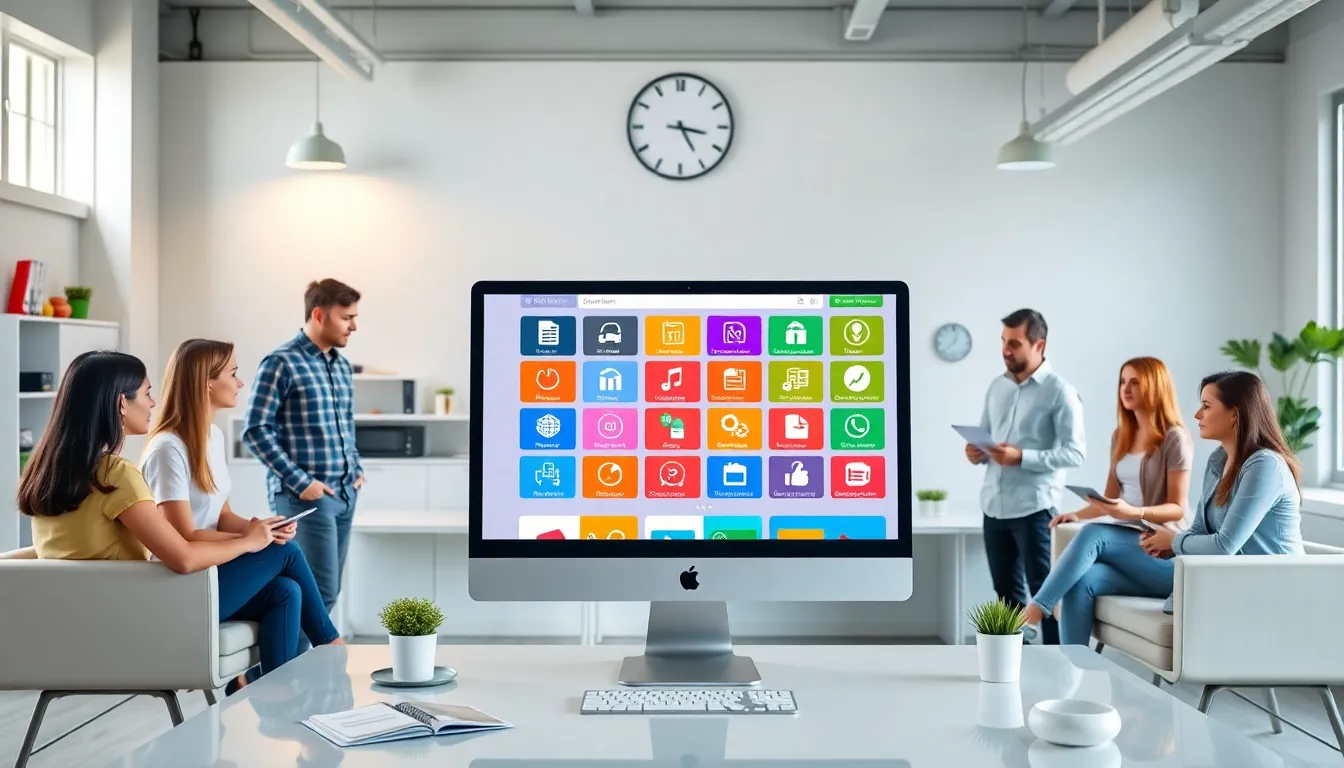 diverse team working around a computer in a modern office.