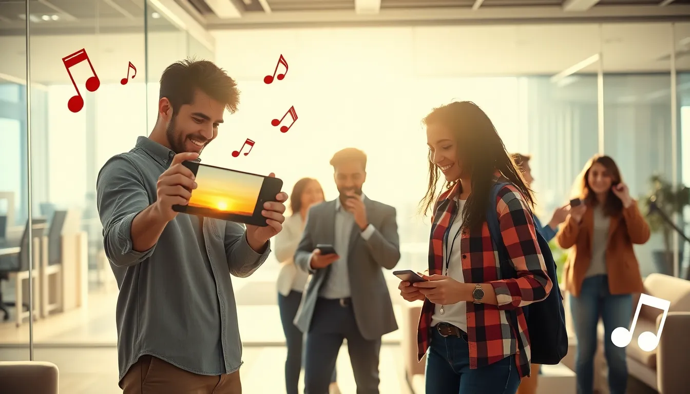 young professionals using Instagram's music feature in a modern office.