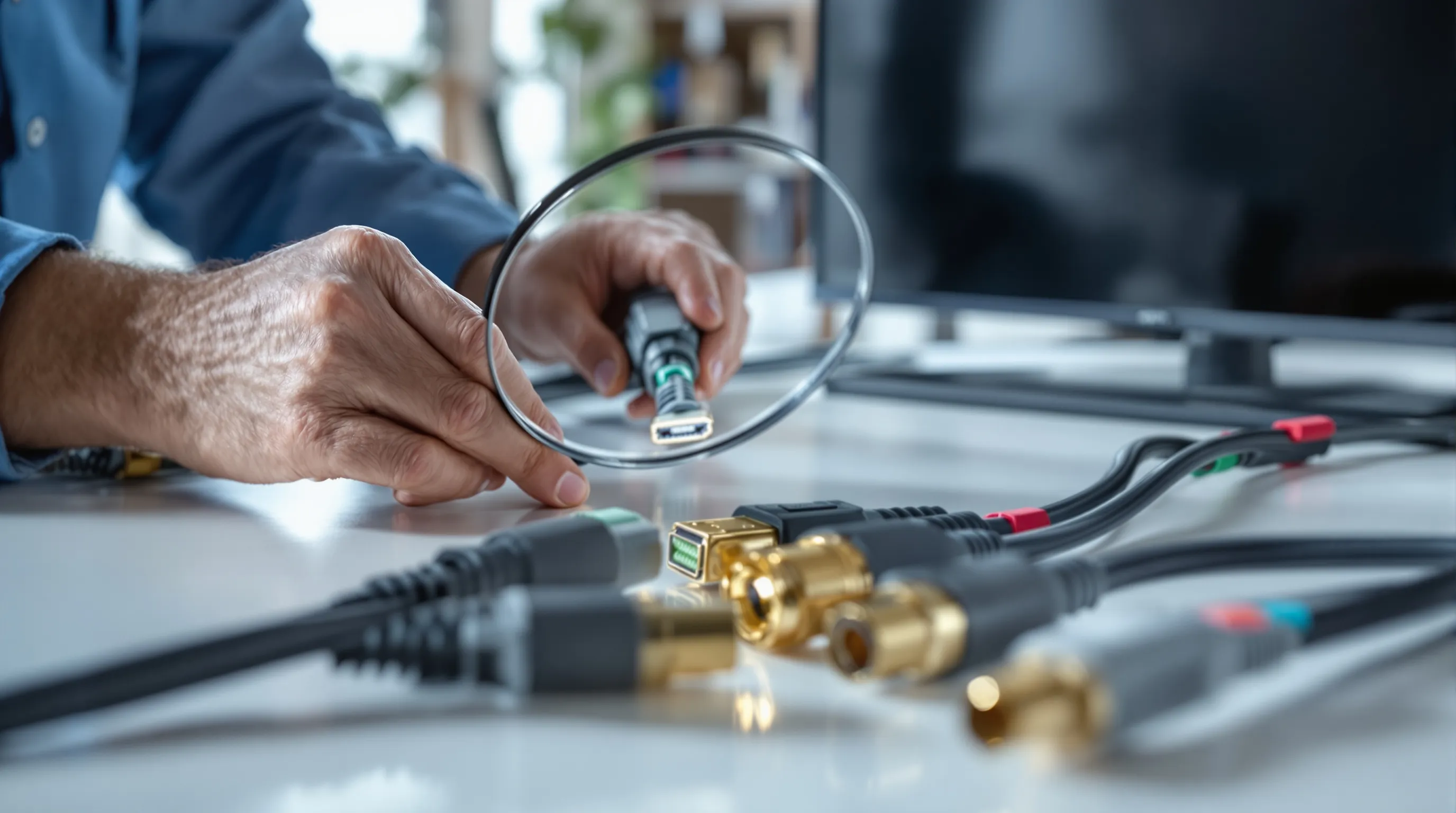 Technician inspecting TV cables and connectors on desk