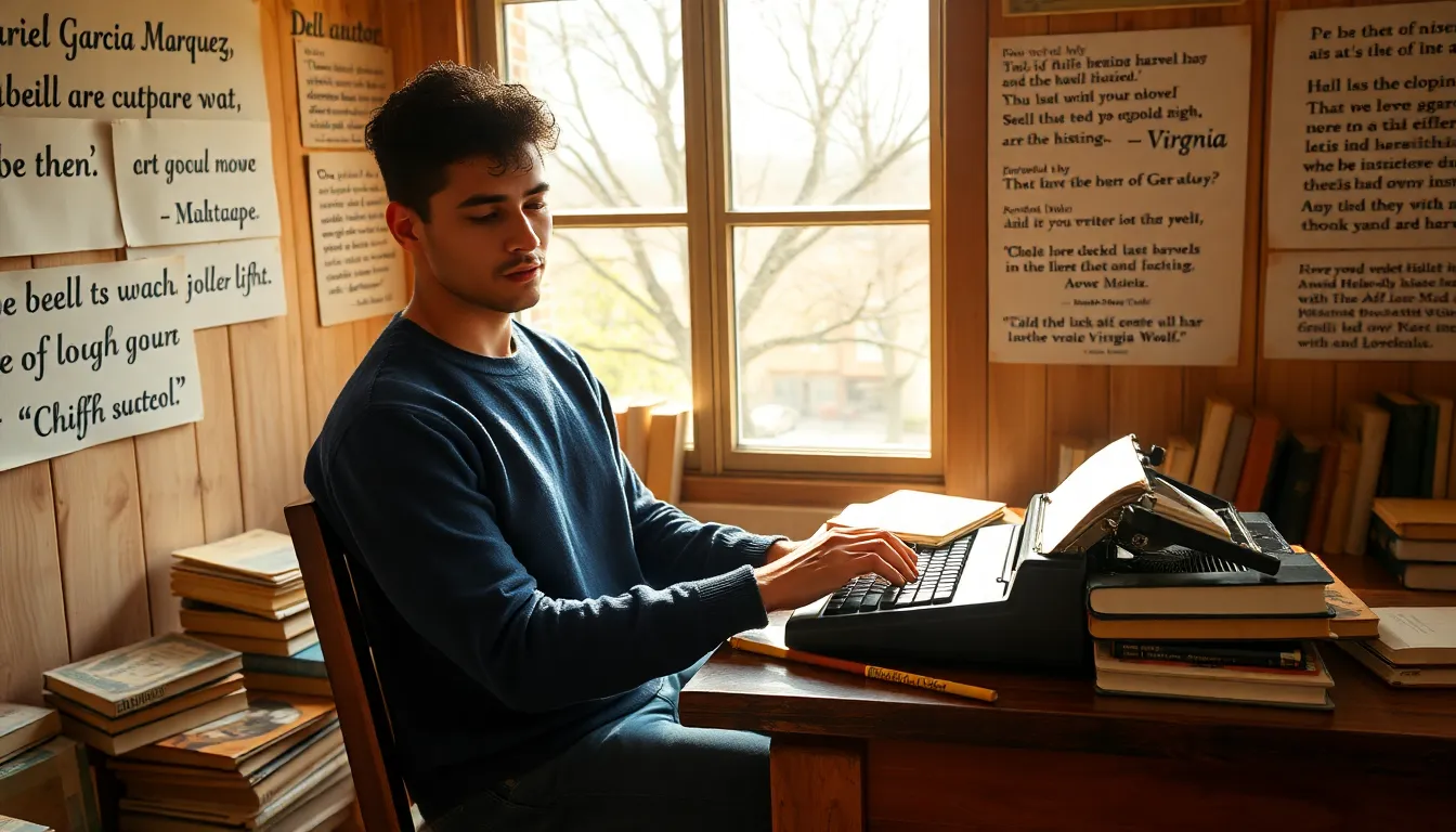 a young author writing in a cozy sunlit study surrounded by books.