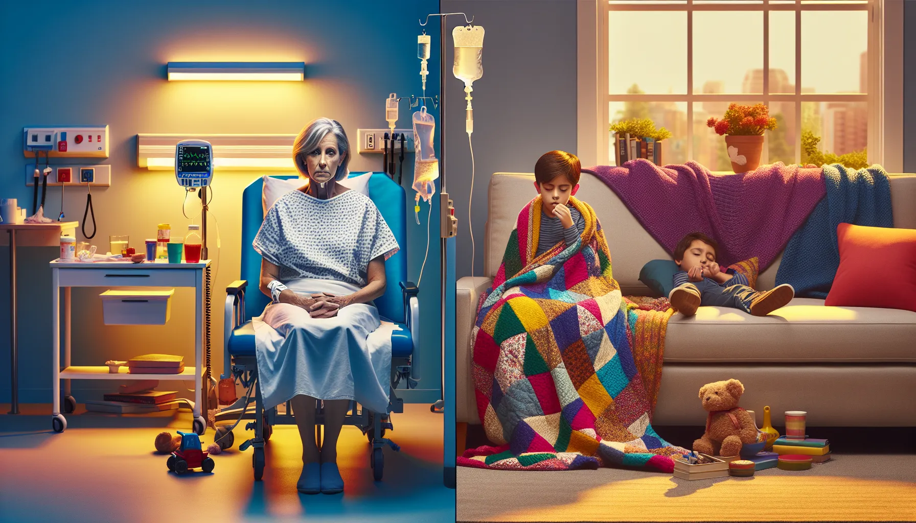 a woman in a hospital and a boy resting at home, showing flu symptoms.