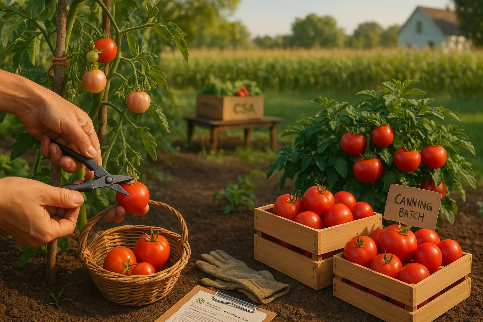 Two tomato plants showing continuous vine harvest and a compact, batch-harvest bush.
