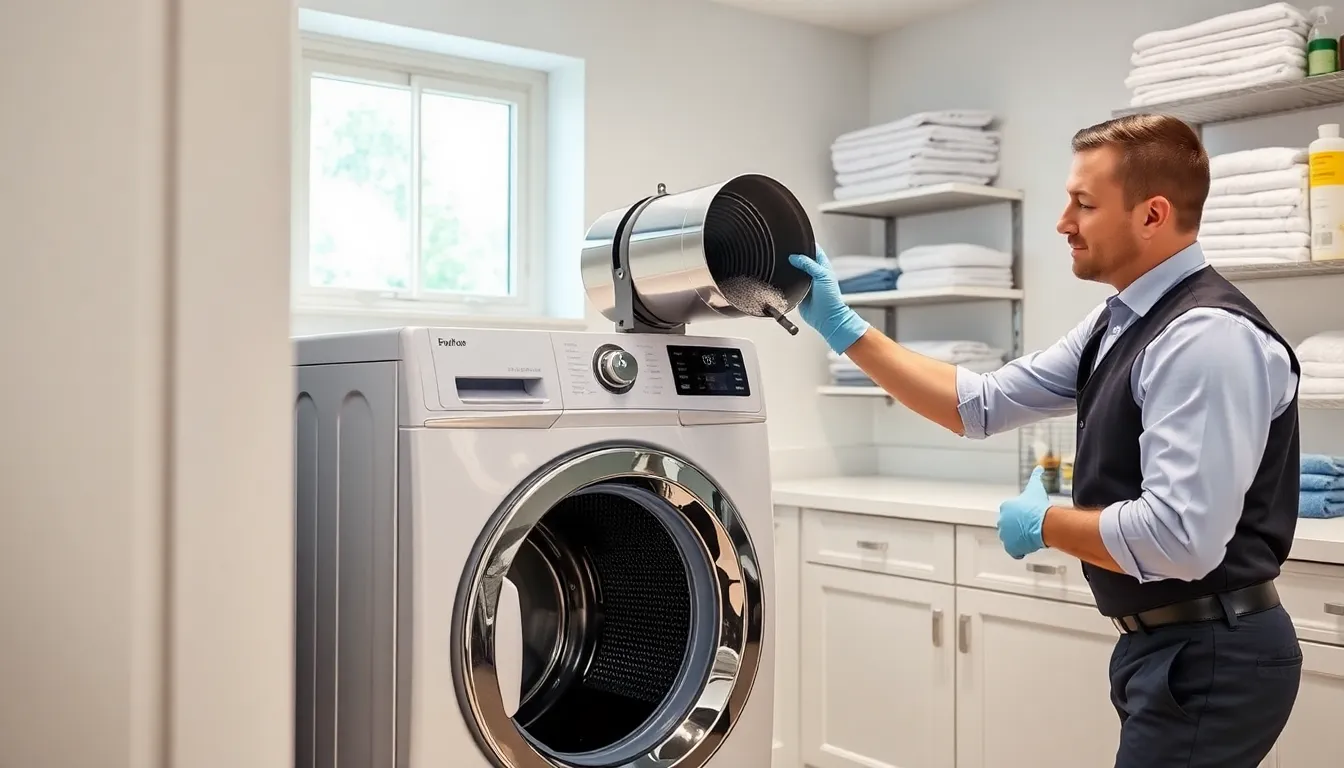 technician cleaning a dryer exhaust vent in a modern laundry room.