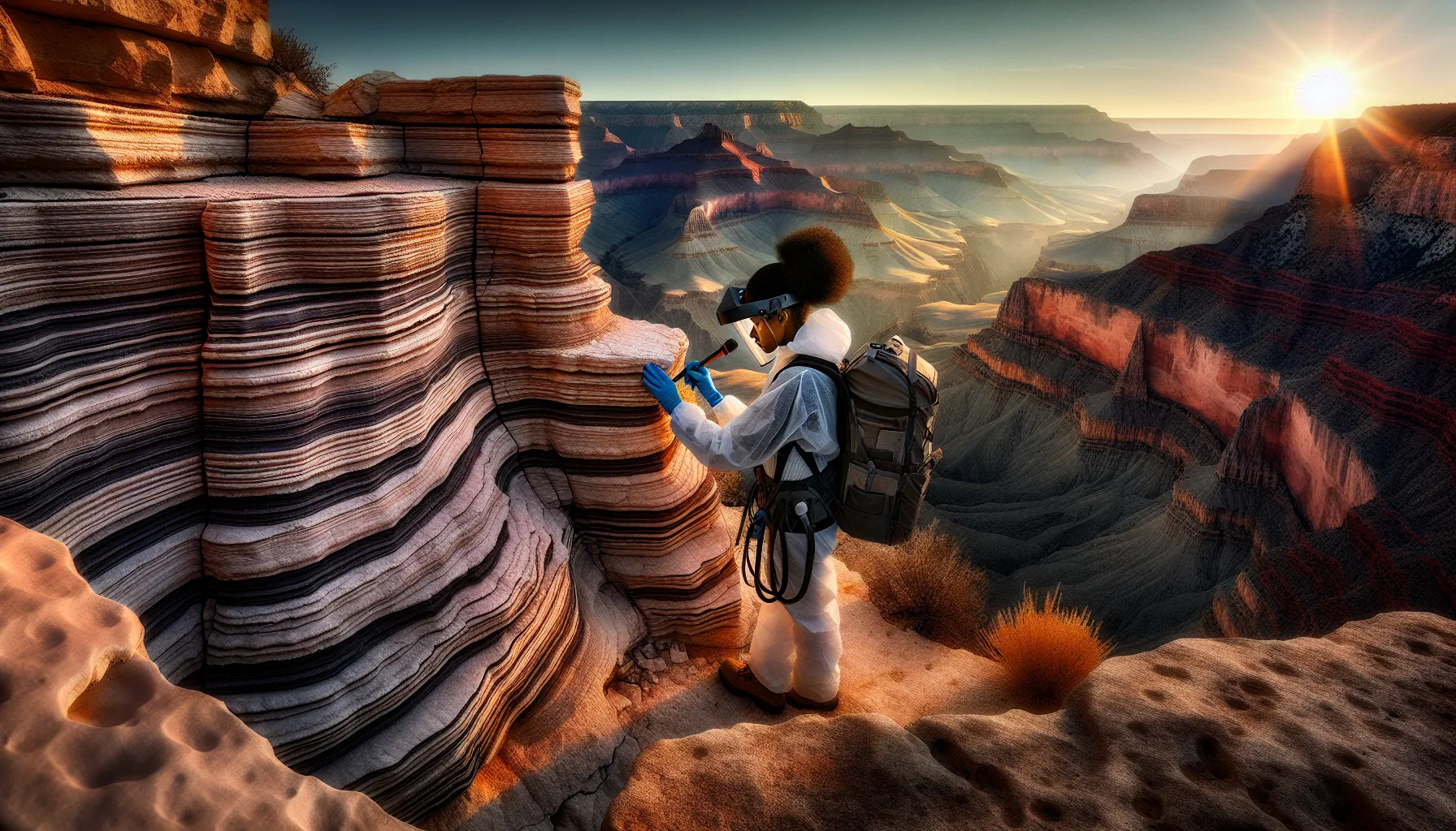 A geologist studying ancient rock layers in the Grand Canyon, USA.