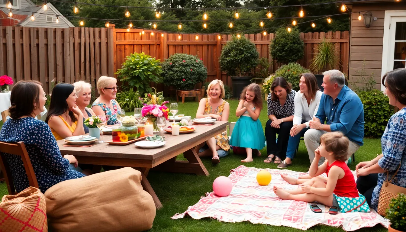 diverse group celebrating a thrifty event in a backyard setting.