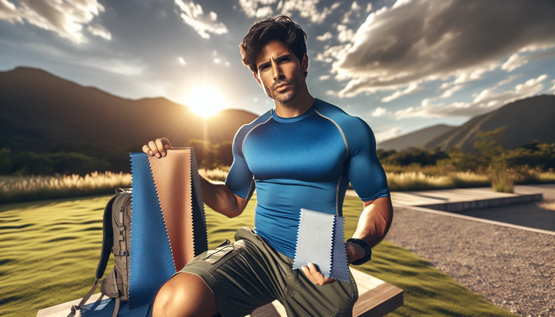 A man compares nylon and polyester fabric samples outdoors.