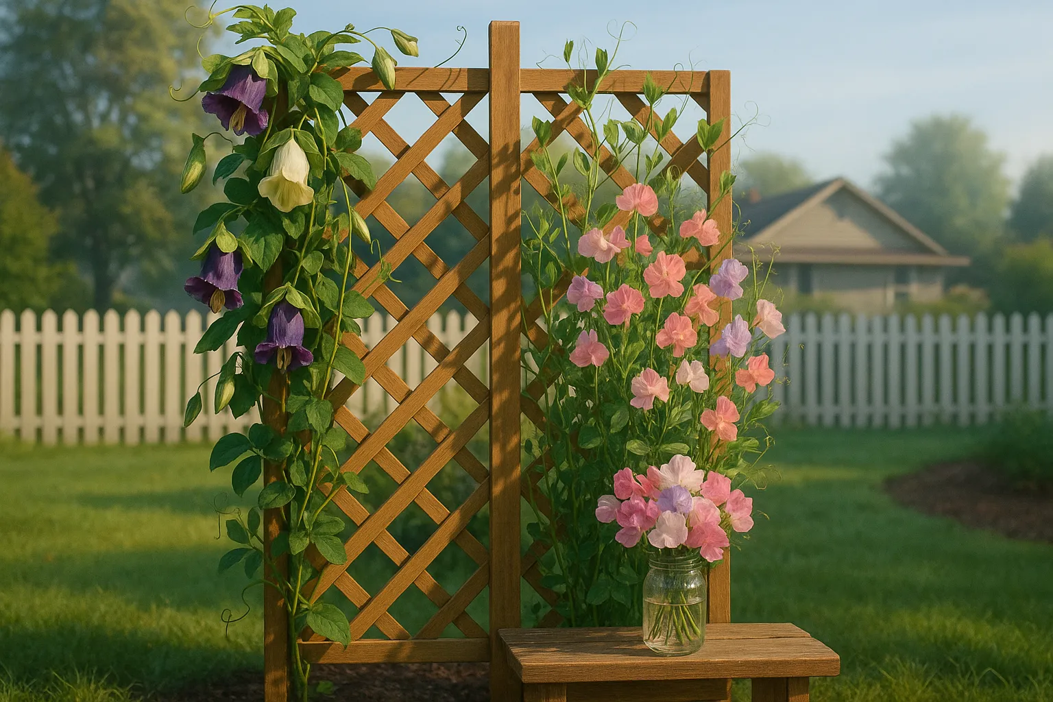 Split trellis showing tall Cobaea vines and bushy fragrant sweet peas.