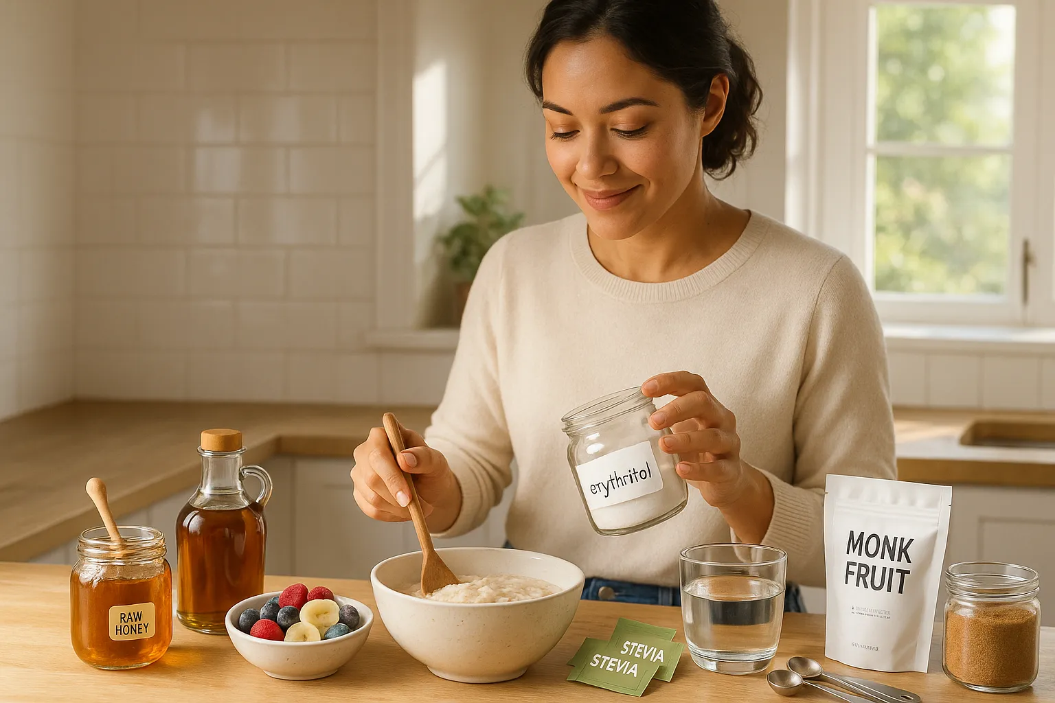 Woman in kitchen choosing healthier sugar alternatives over refined sugar.