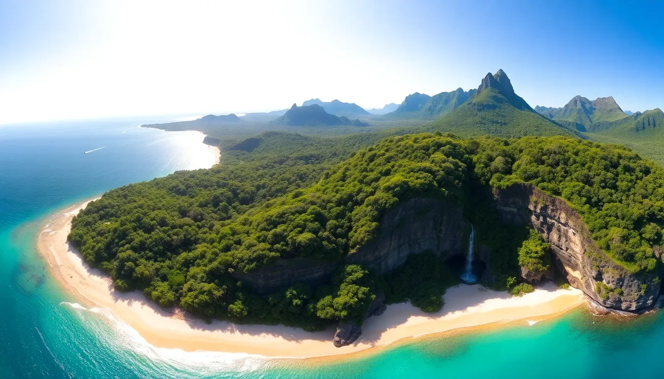 Panoramic view of Zethazinco Island's beaches and cliffs.
