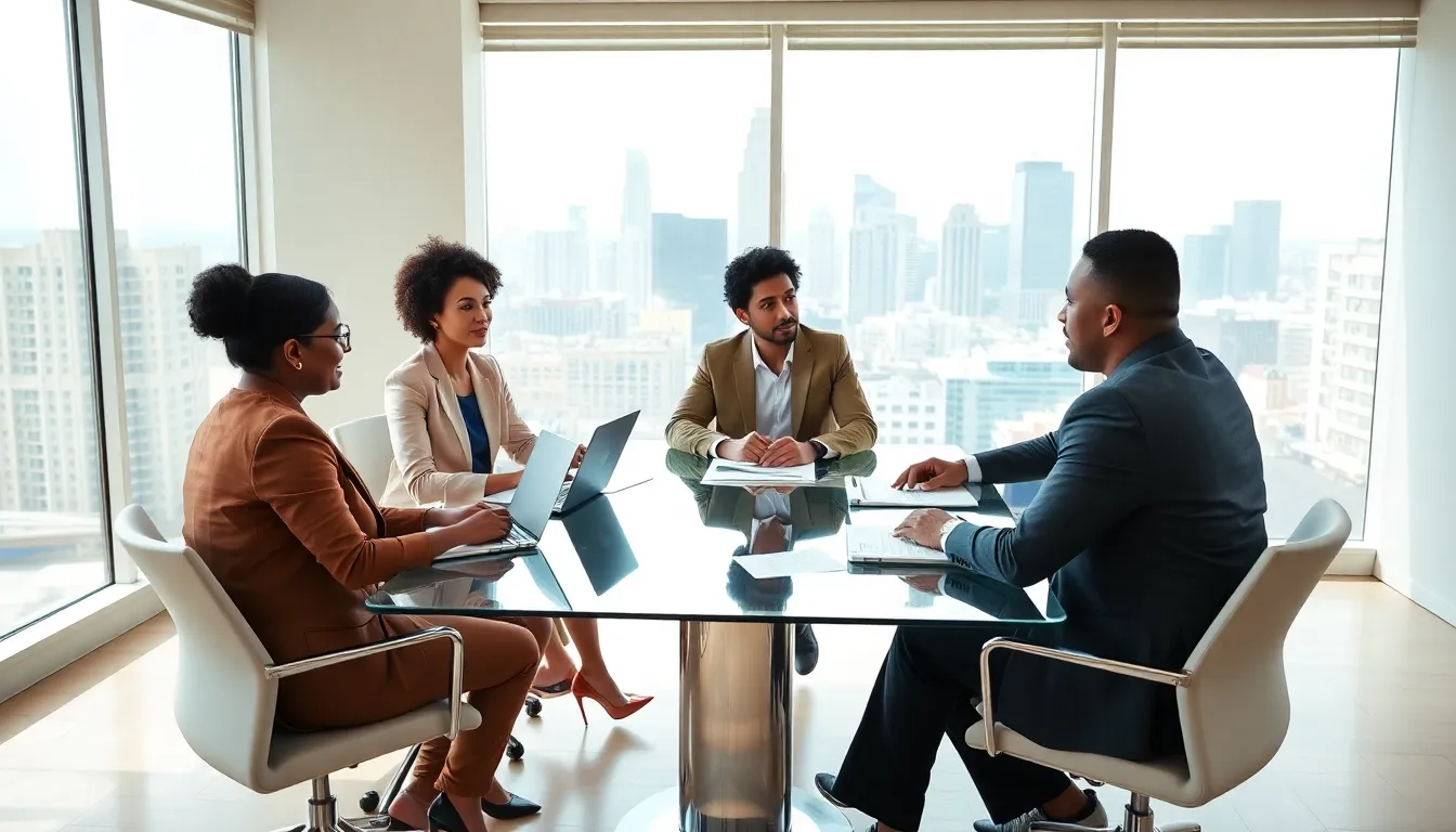 professionals discussing low income housing programs in a modern office.