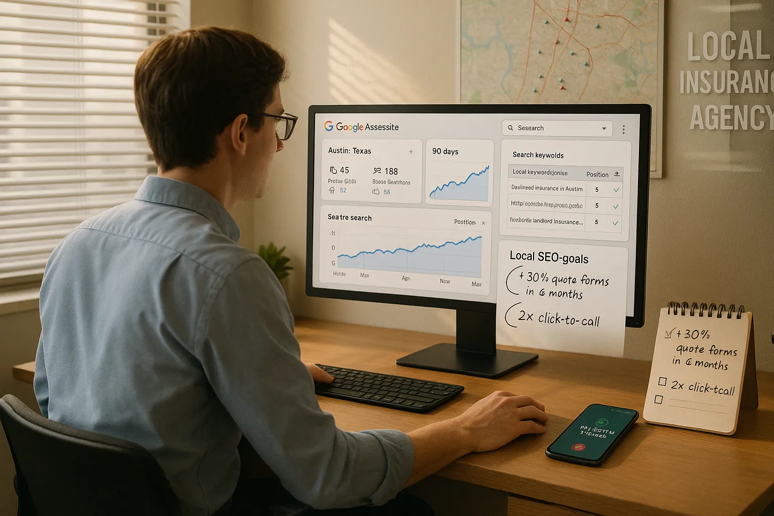 Insurance agent reviewing local SEO metrics and goals on a computer in Austin office.