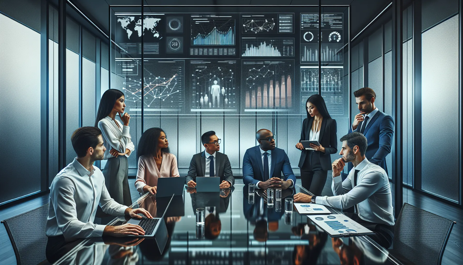 diverse team discussing data analytics in a modern office.