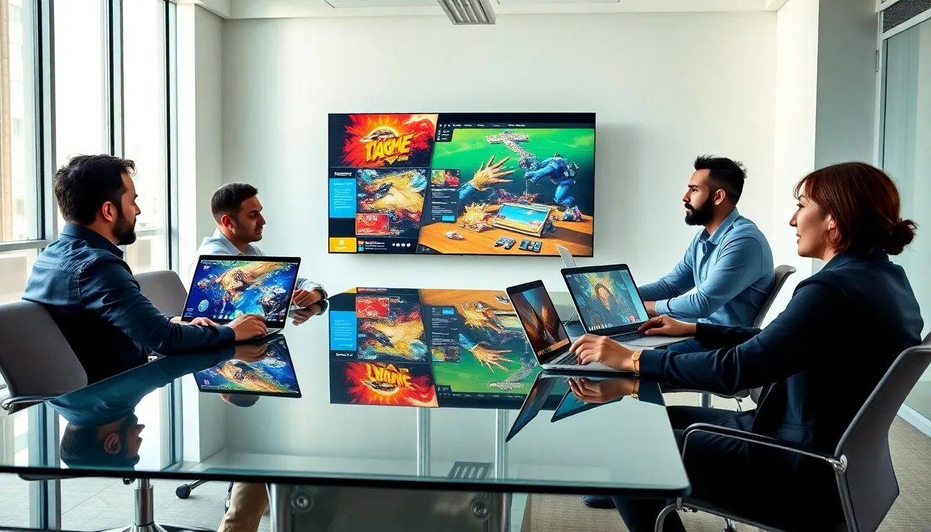 diverse team brainstorming game development in a modern office.