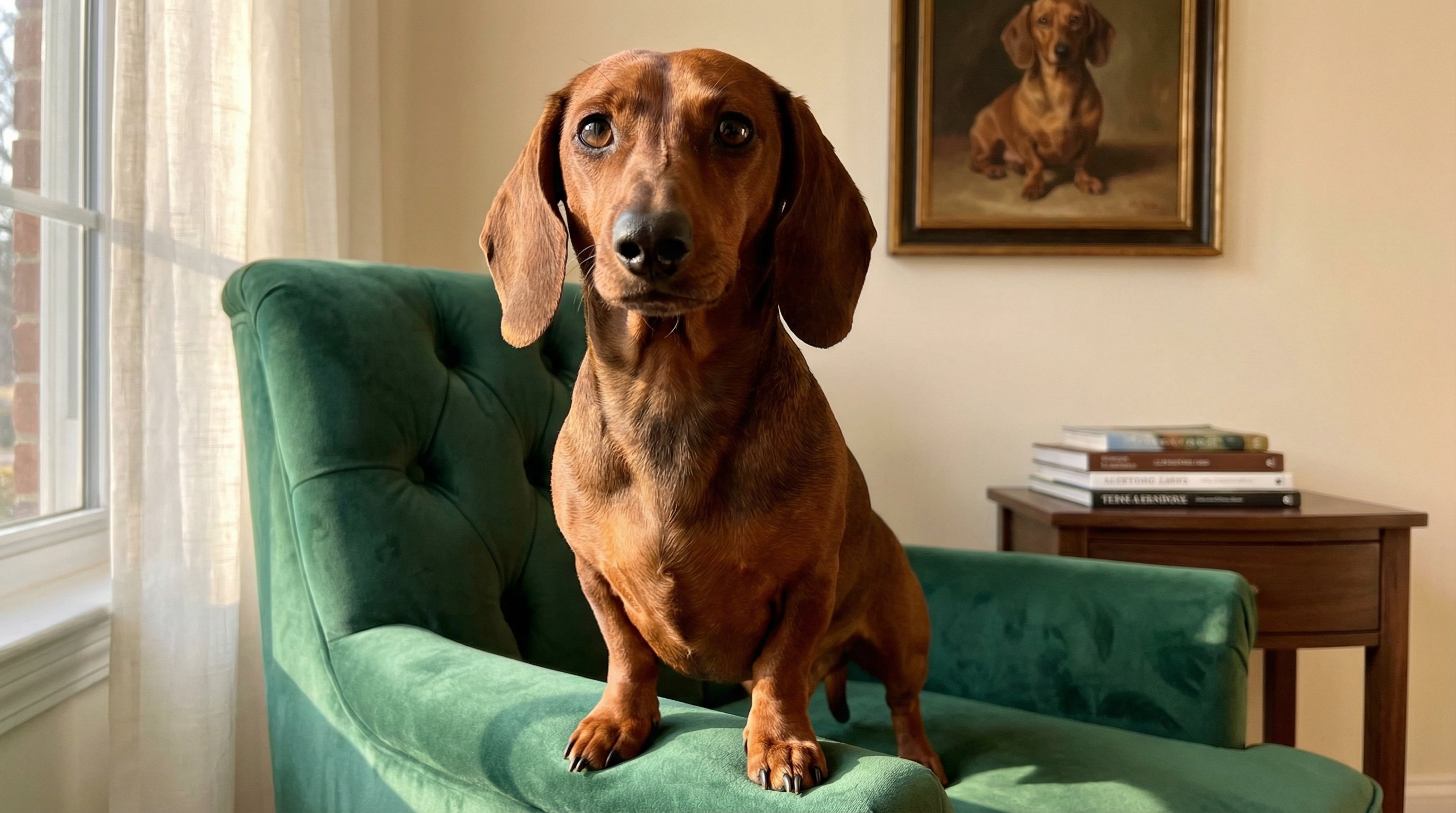 A red dachshund sitting on a green velvet armchair in warm light.