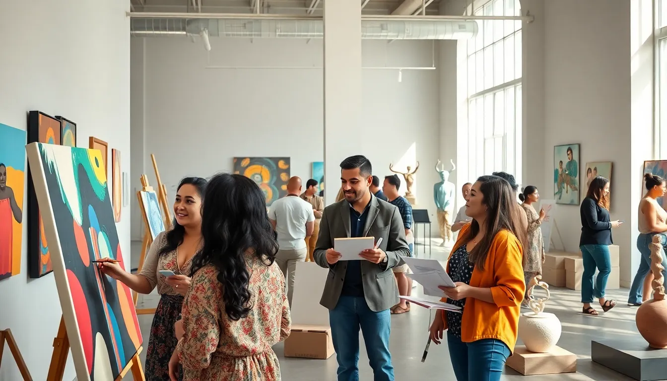 diverse artists engaging in creative discussions in a vibrant gallery space.