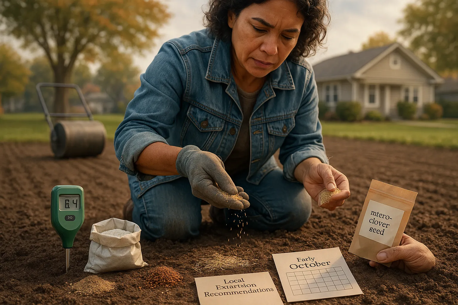 Homeowner kneeling, spreading micro‑clover mixed with grass seed on prepared soil.