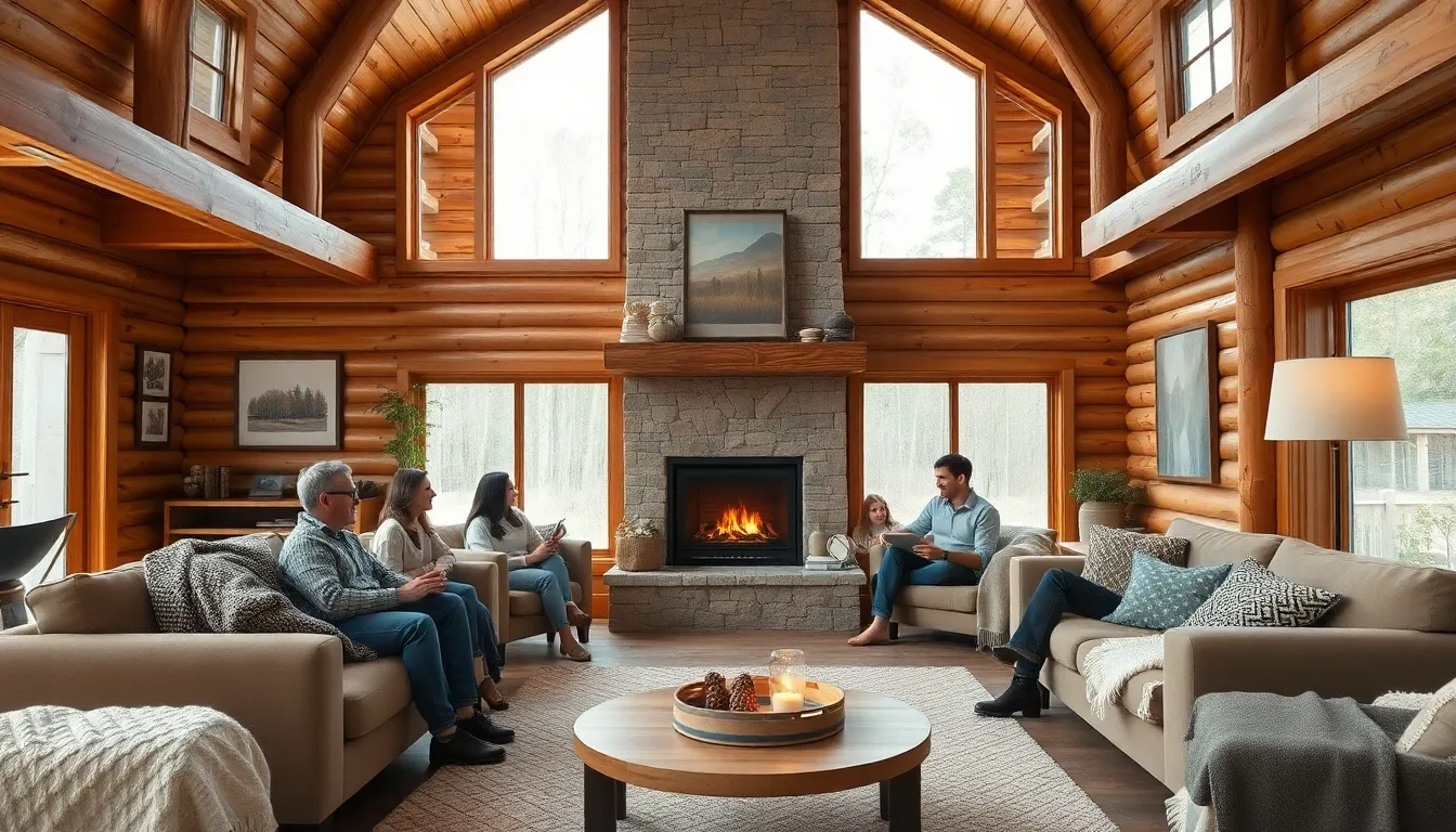 inviting cabin interior with comfortable seating and warm lighting.