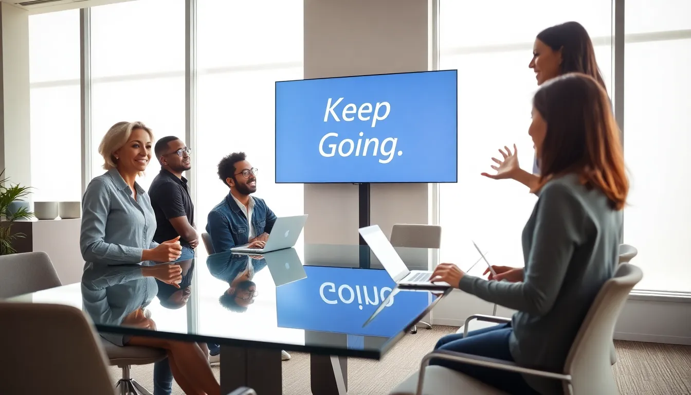 diverse team brainstorming with motivational quotes in a modern office.