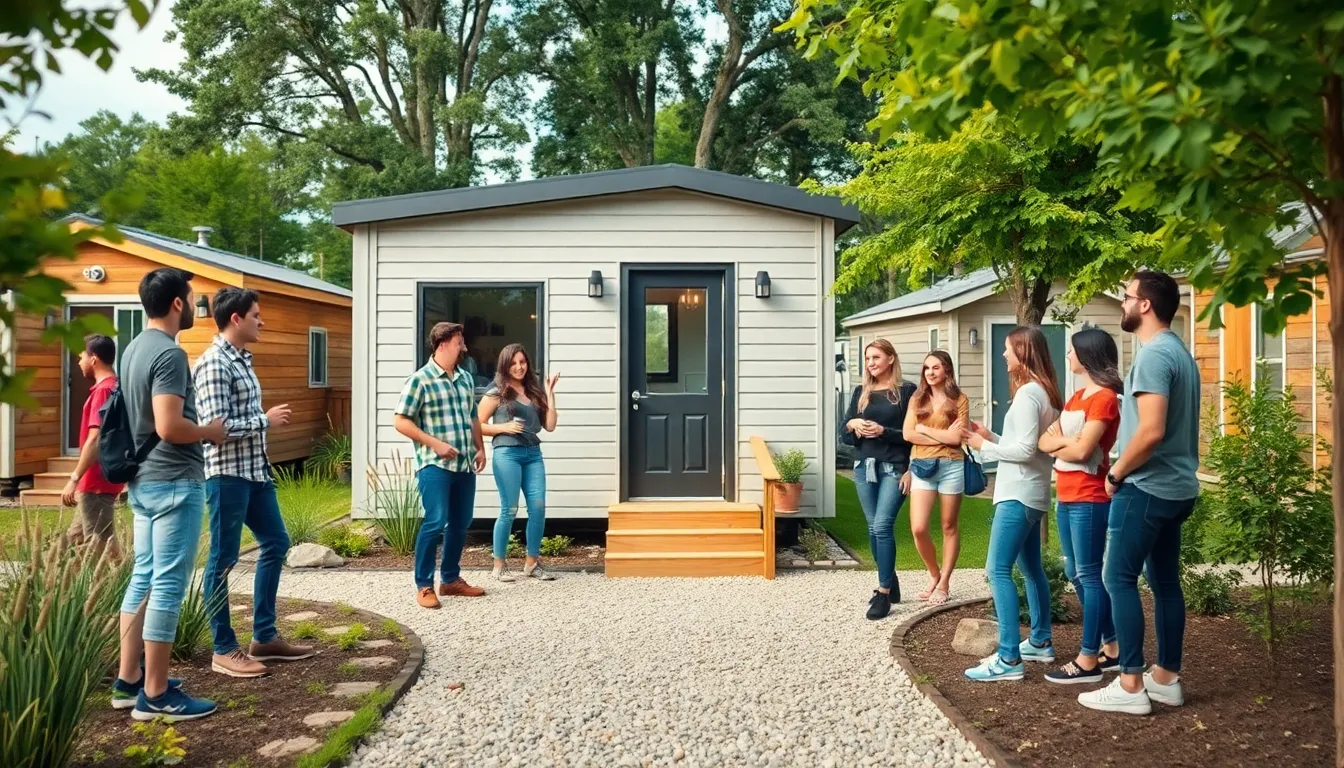diverse group enjoying a tiny home community.