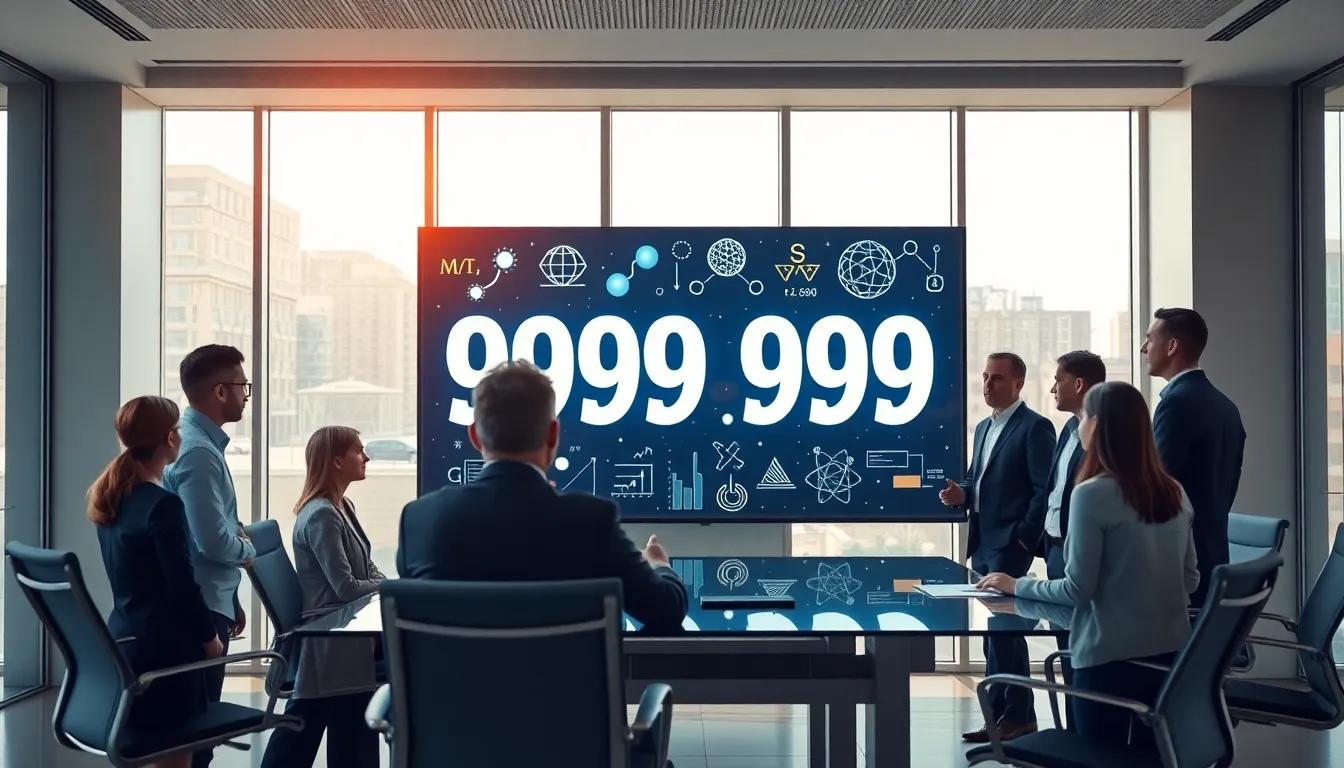 professionals discussing large numbers in a modern office.
