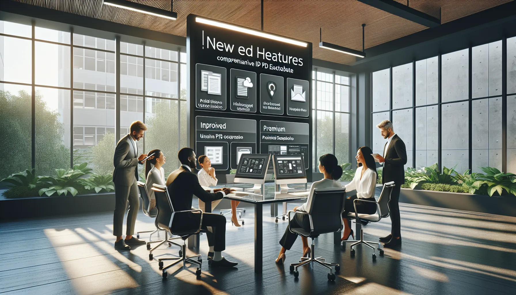 team discussing new features of Shotscribus software in a modern office.