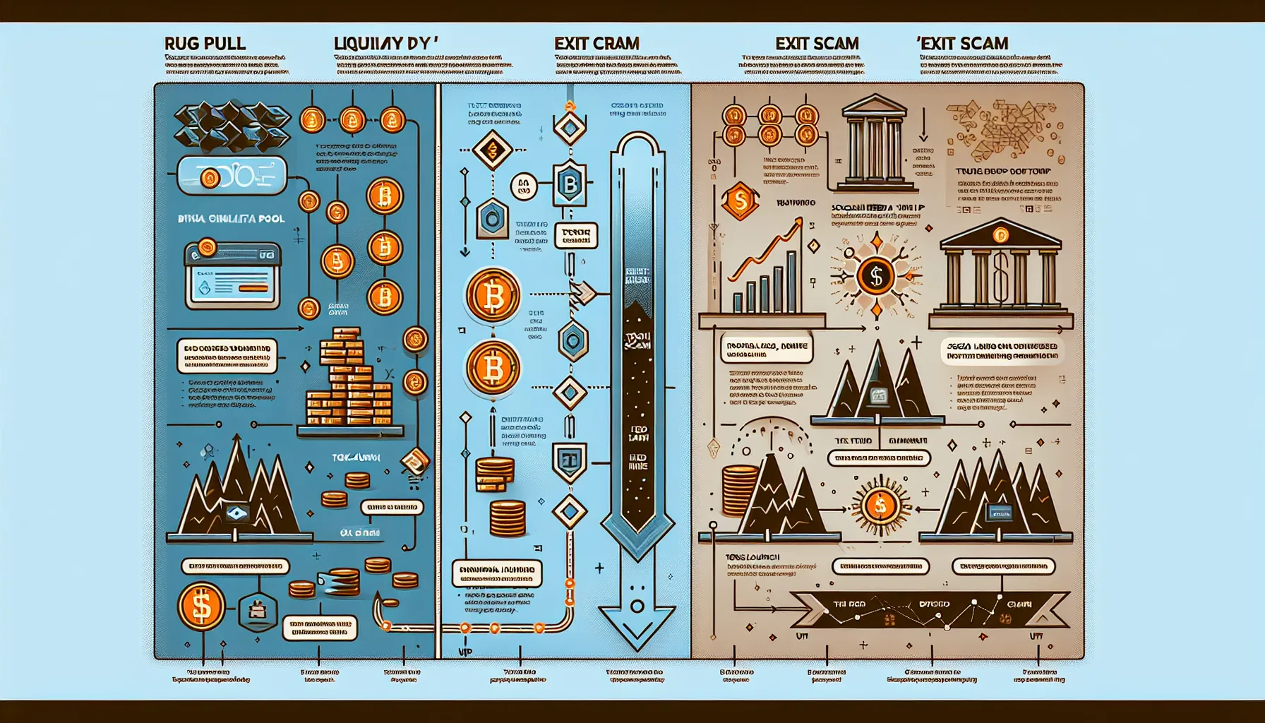Comparison infographic contrasting rug pulls and exit scams in cryptocurrency.
