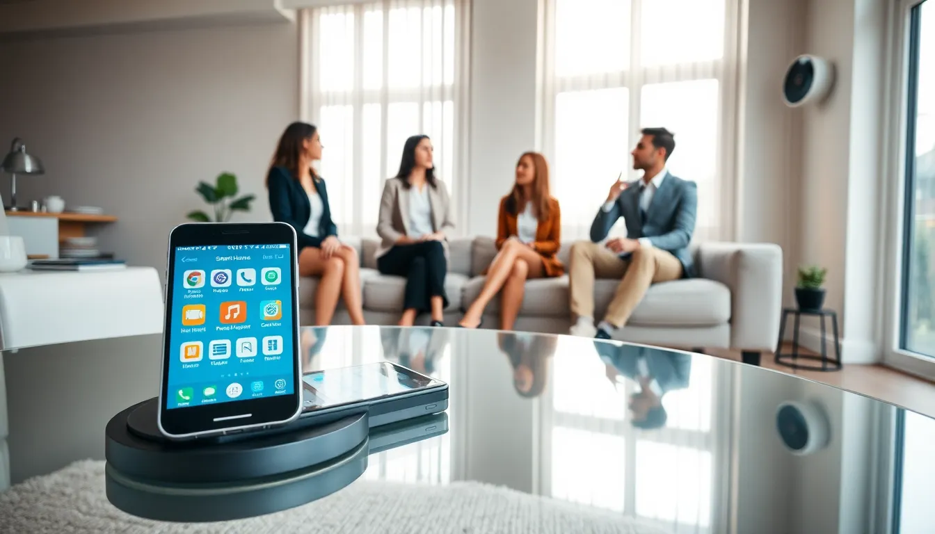 diverse professionals discussing smart home technology in a modern living room.