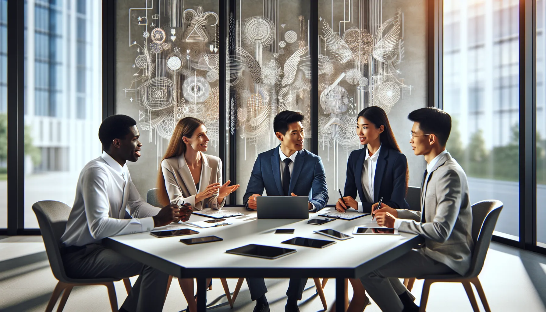 diverse professionals discussing cultural interpretations in a modern office.