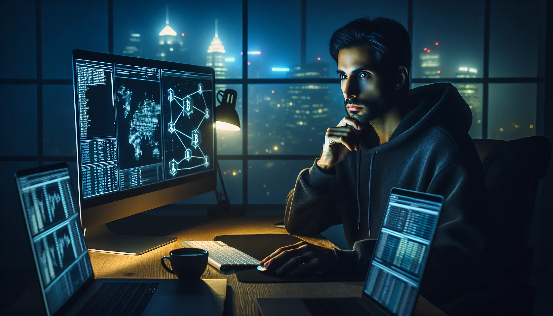 Trader at dual monitors displaying cryptocurrency charts in secure dimly lit home office.