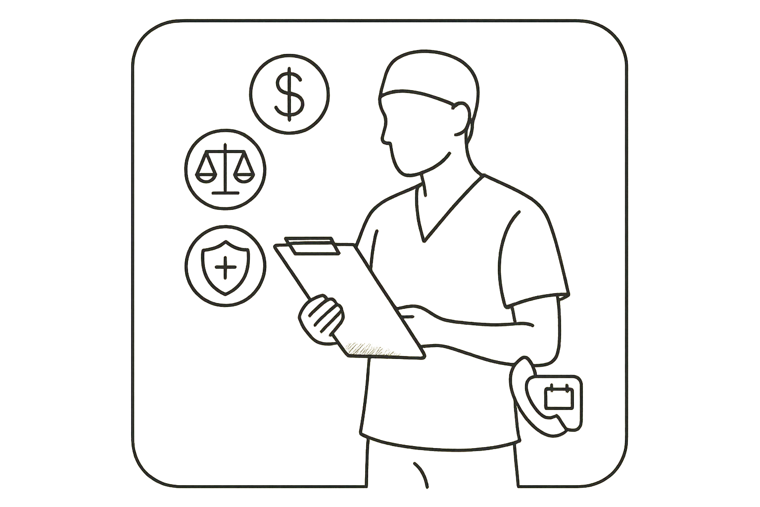 Physician assistant with contract and icons for money, legal scales, shield, phone.