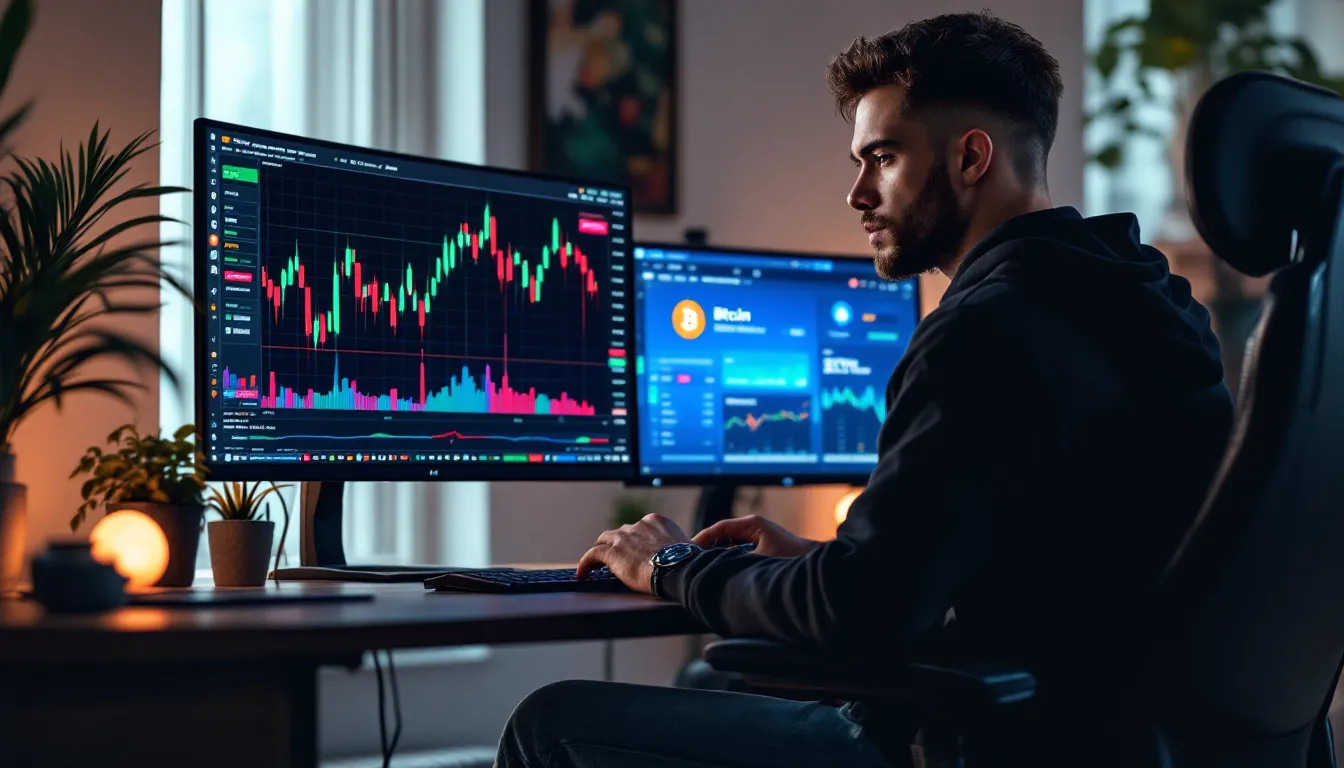 Trader studies Dogecoin price charts with neutral sentiment and broader crypto market data.