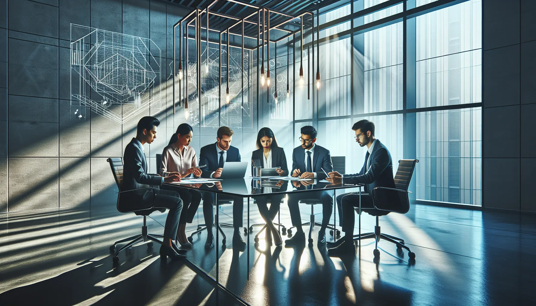 diverse team discussing data in a modern office.