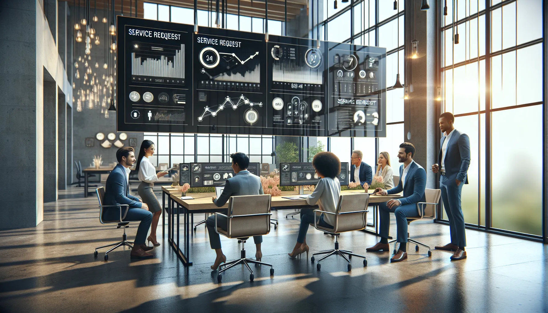 diverse team collaborating in a modern customer support office.