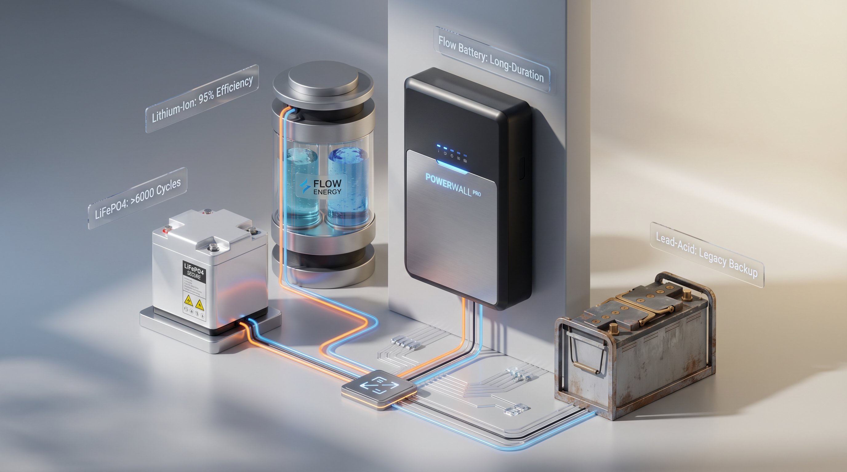 3D render of various home battery storage systems including lithium-ion and flow batteries.
