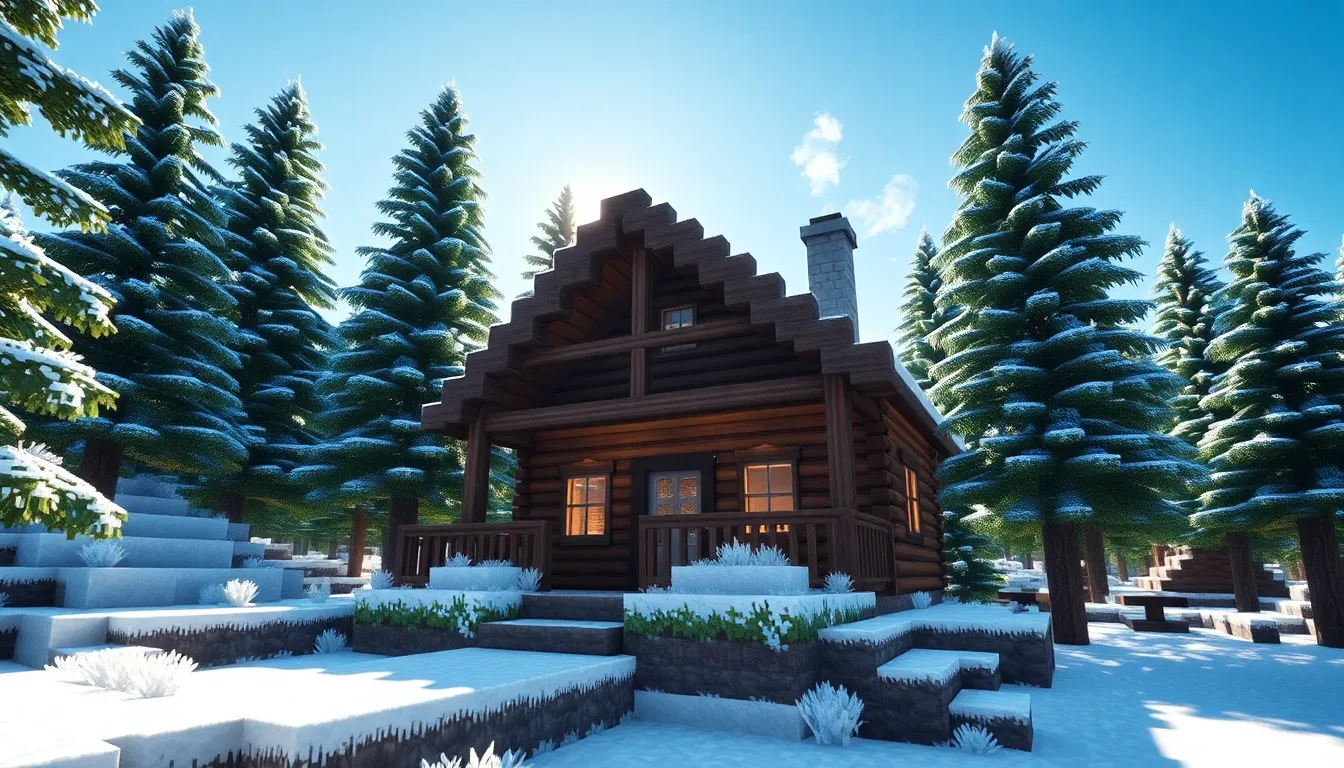 Minecraft spruce cabin in a snowy landscape.