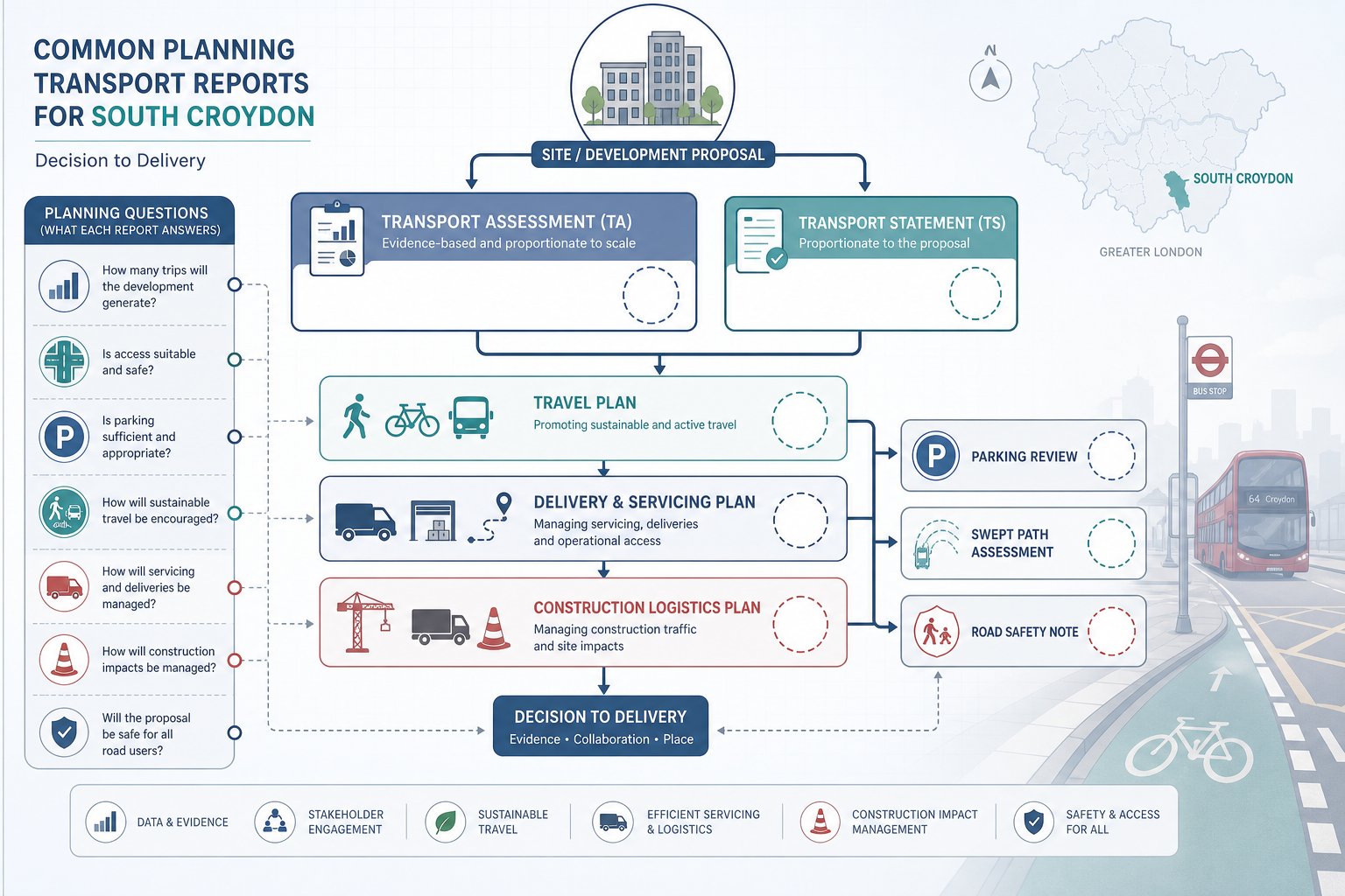Infographic of key transport planning reports for South Croydon developments.