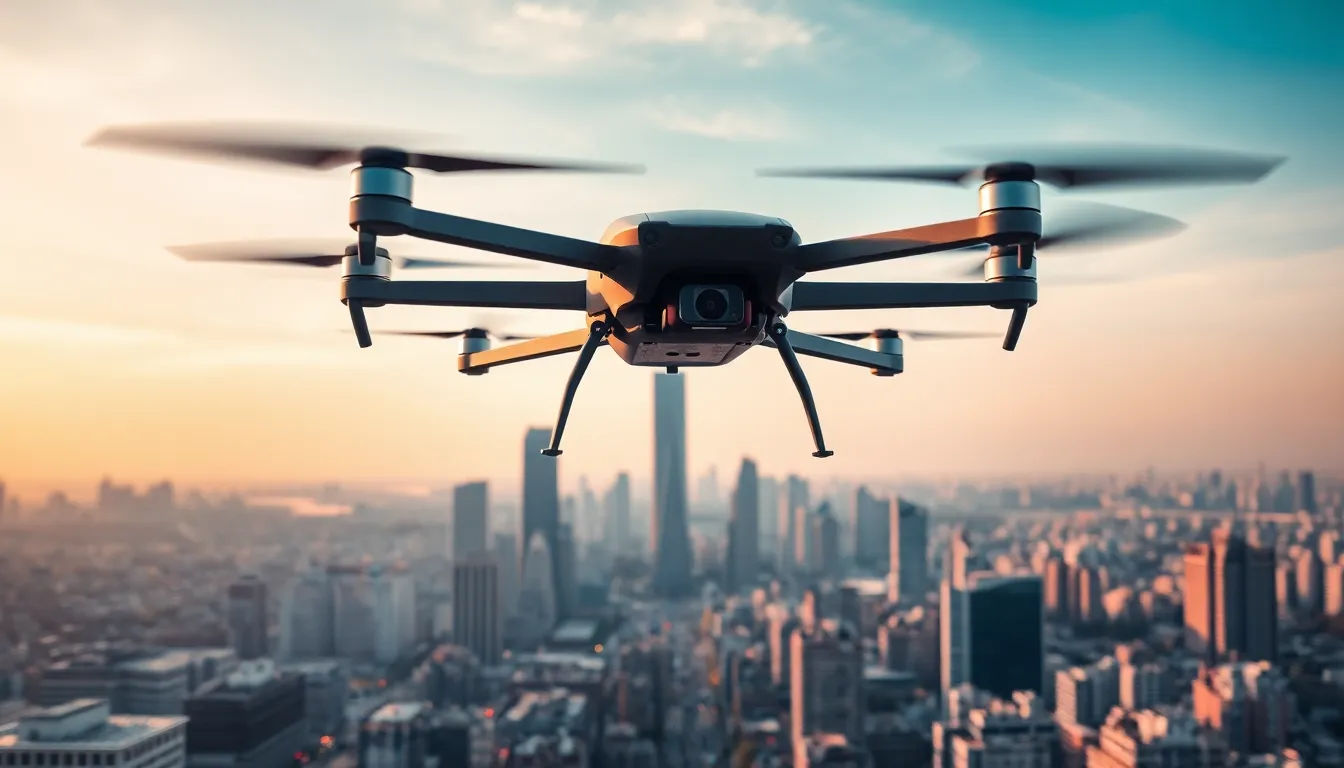 helicopter drone flying over an urban skyline.