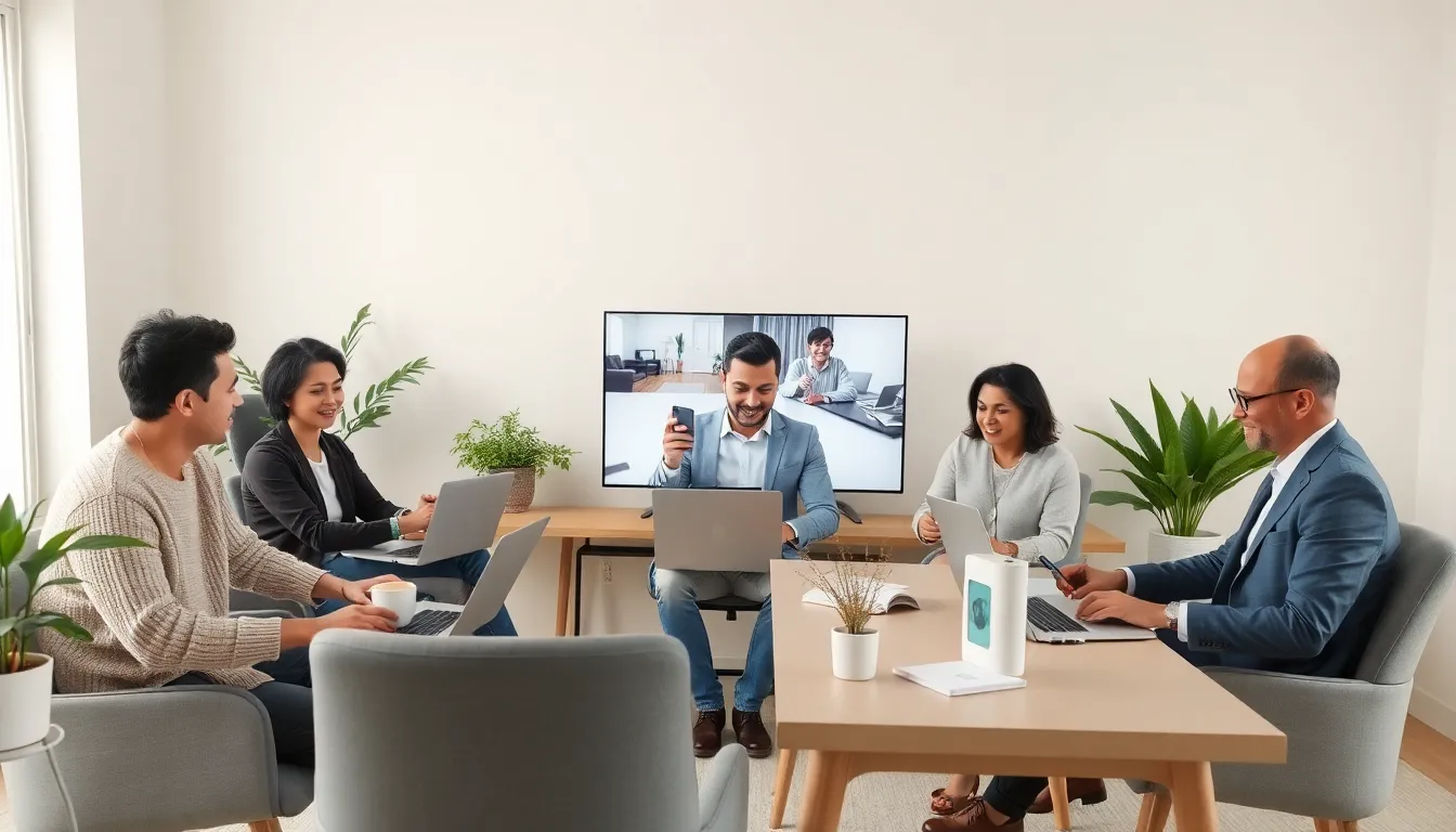diverse team in a modern home office during a video conference.