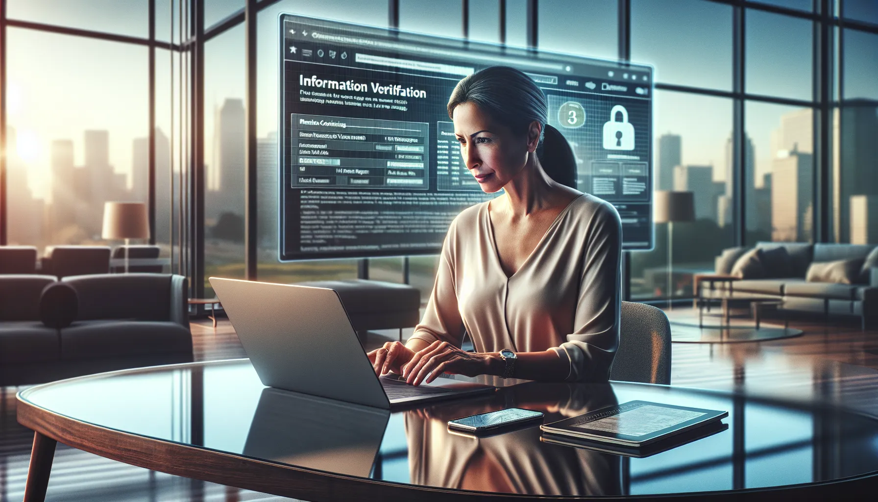 woman verifying information in a modern office setting.