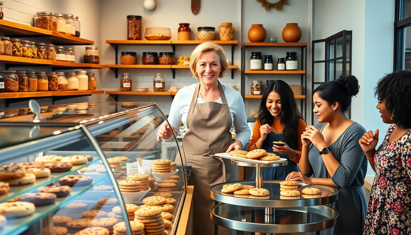 Mary baking cookies in a warm, inviting bakery setting.