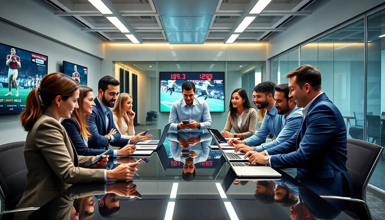 diverse team collaborating on sports news updates in a modern office.