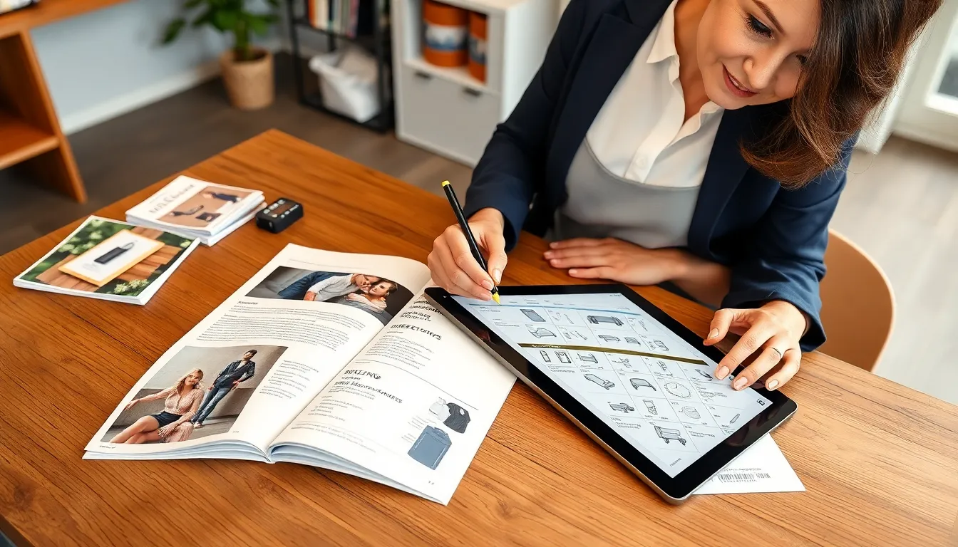 Open printed catalog beside a tablet, woman comparing print and digital catalogs.