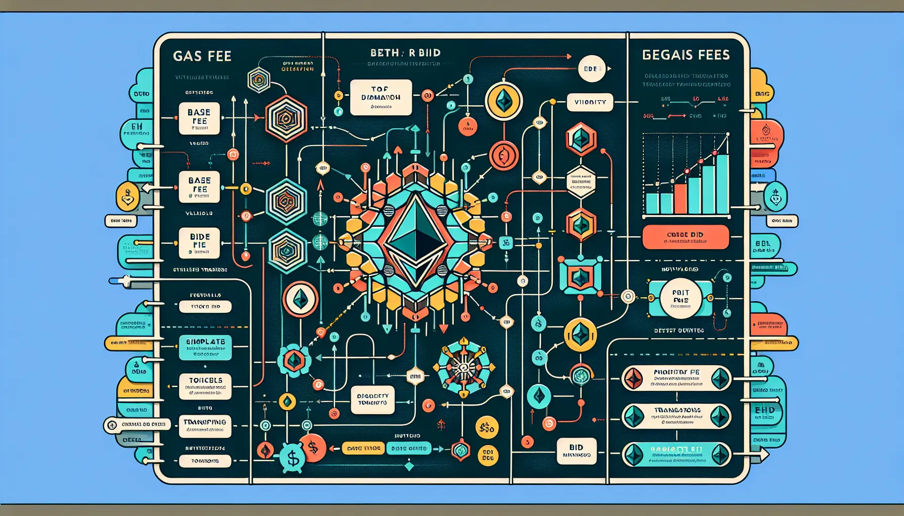 Three-panel infographic showing Ethereum gas fee structure, calculation, and demand factors.