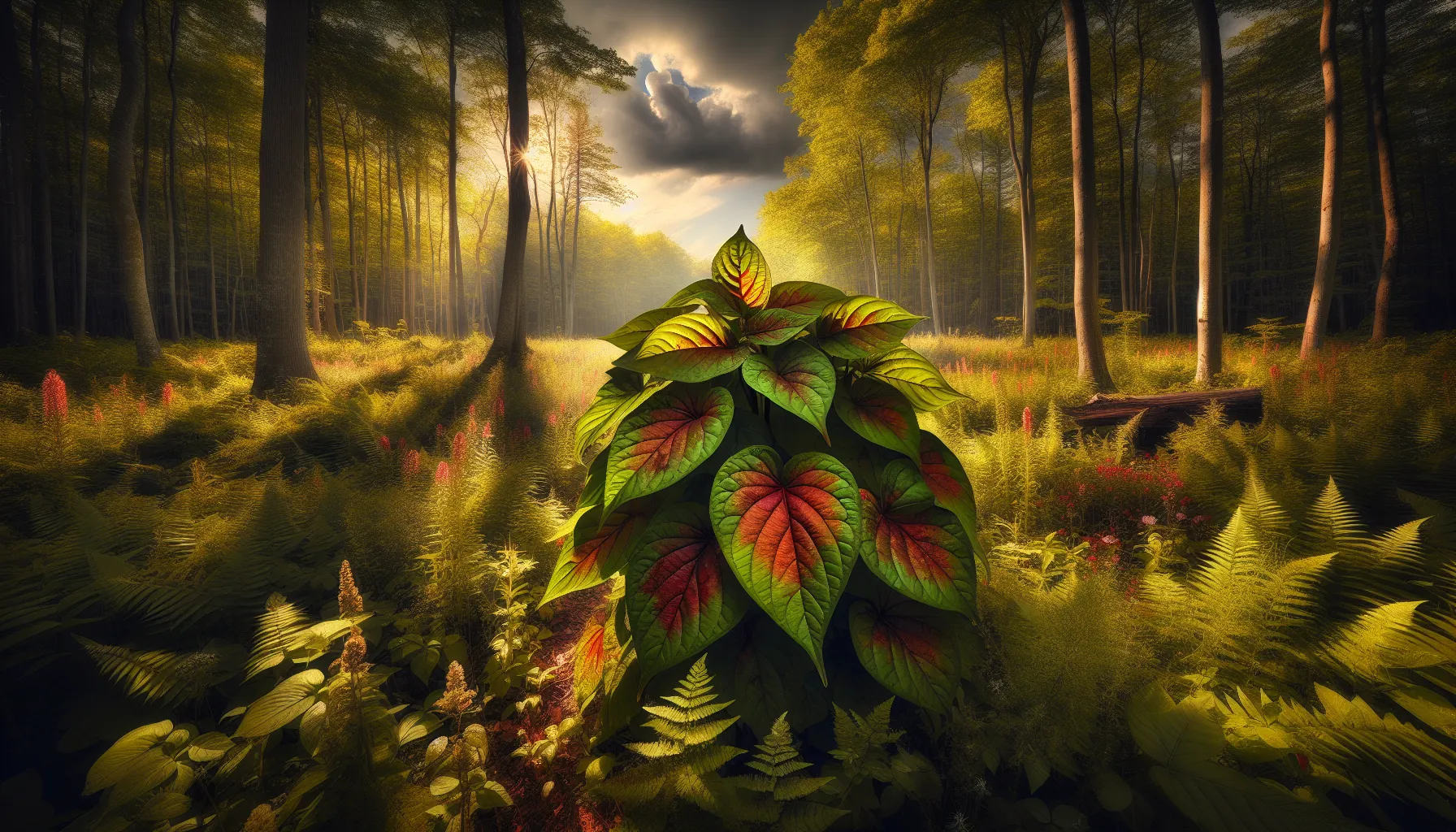 A poison ivy plant in a sunlit woodland, representing environmental allergens.