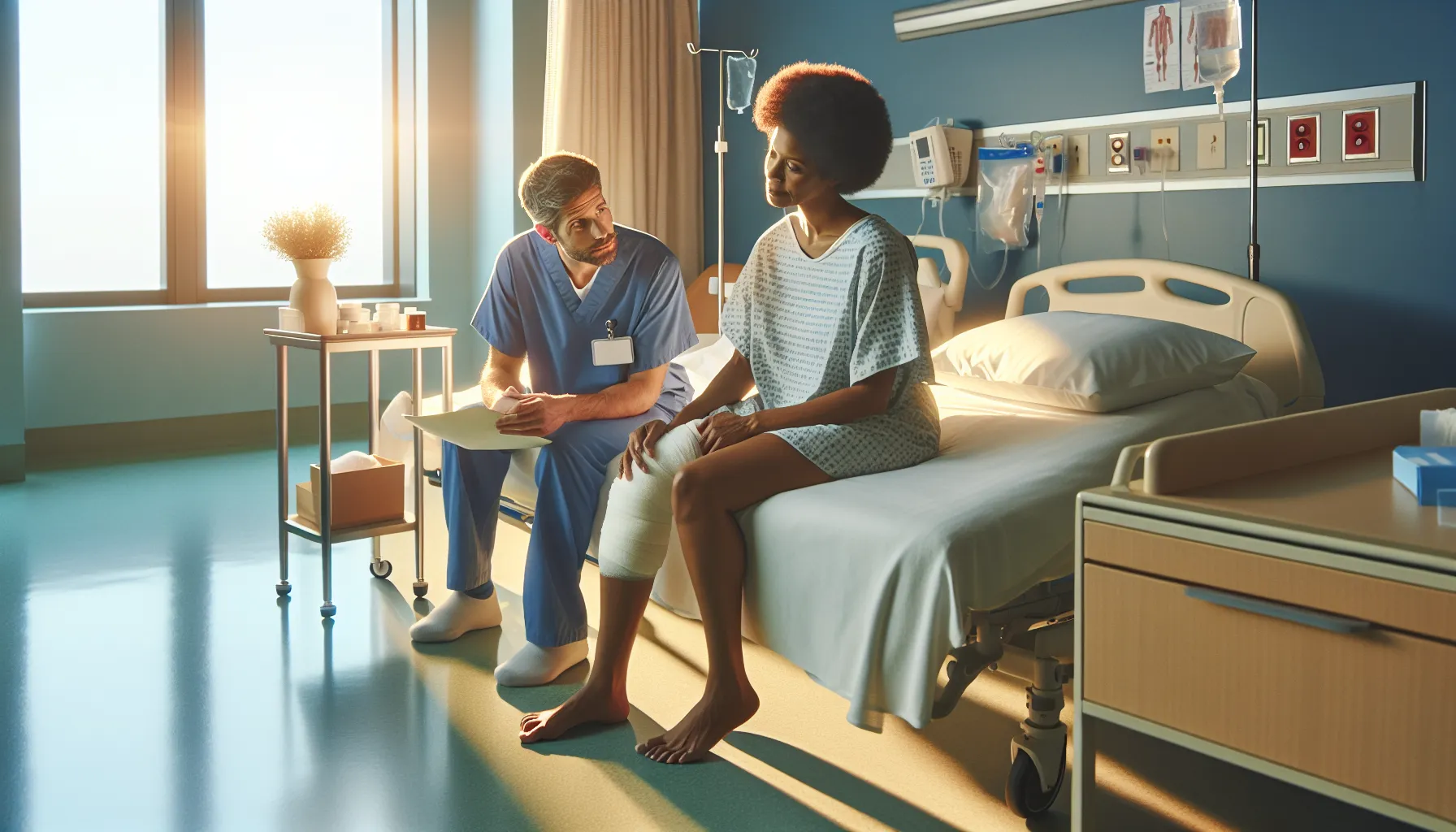 a woman recovering from knee surgery with a physical therapist in a hospital room.