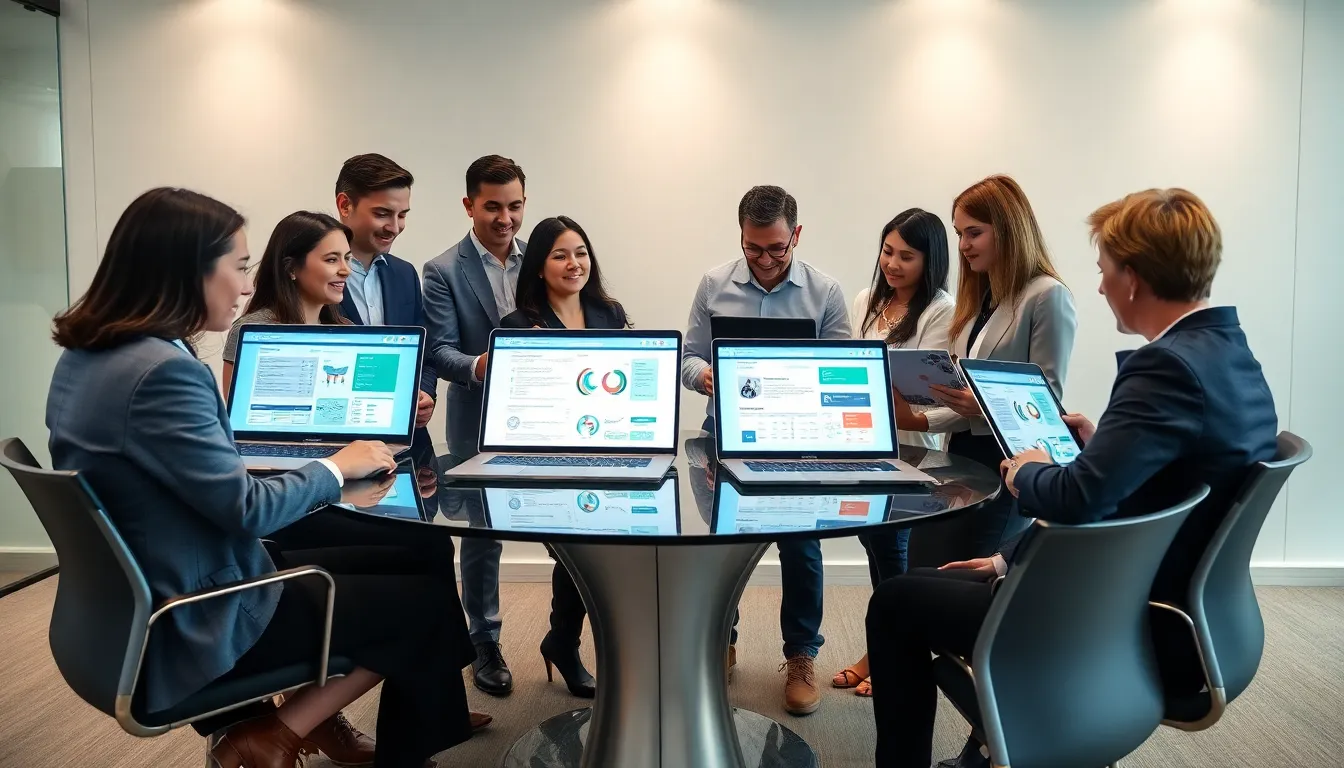 professionals discussing Webbizmagnet hardware in a modern office.